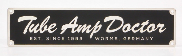 TAD-LOGO-L Tube Amp Doctor Script Logo aus Metal, Groß