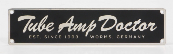 TAD-LOGO-M Tube Amp Doctor Script Logo aus Metal, mittel