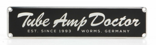 TAD-LOGO-S Tube Amp Doctor Script Logo aus Metal, klein